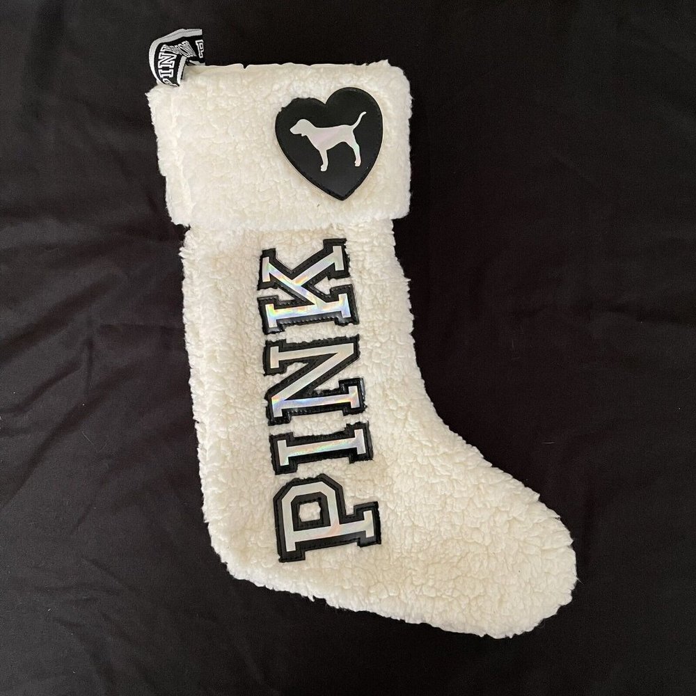 PINK Victorias Secret Fluffy Ivory Sherpa Spellout Logo Christmas Stocking Plush